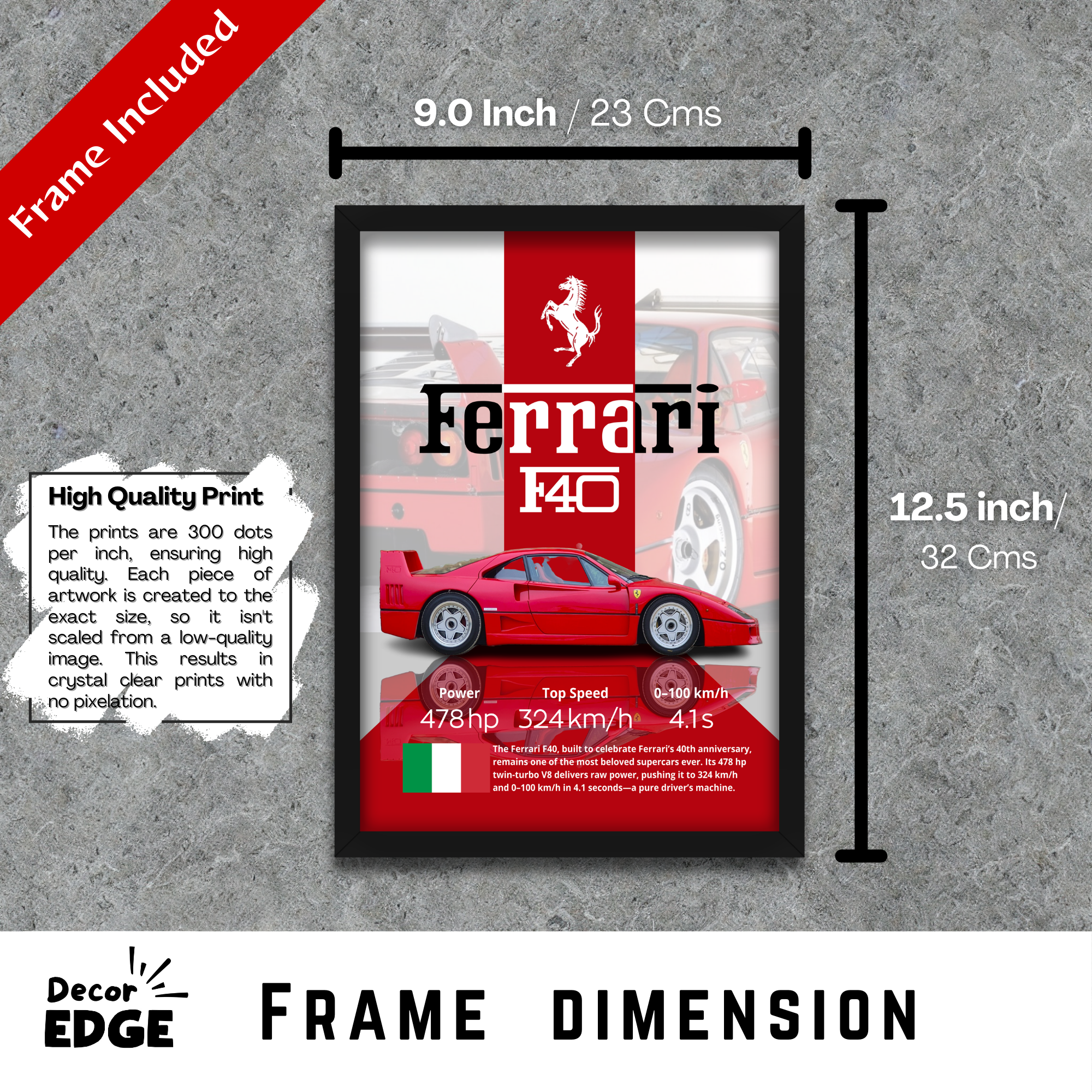 FERRARI F40 - Framed Car Poster